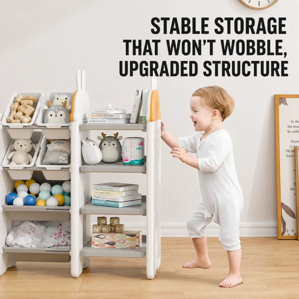 Heavy duty preschool storage shelves showcasing an anti-topple structural upgrade with premium thick side panels for maximum stability.