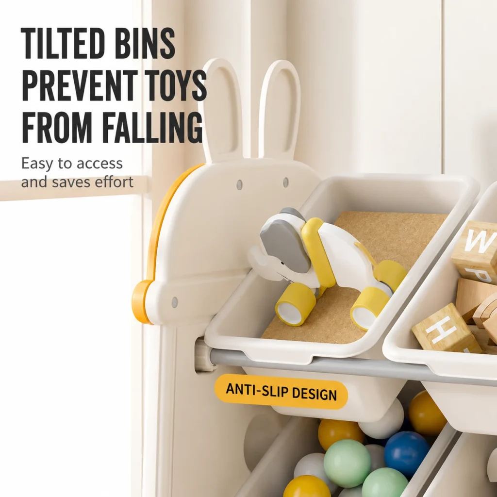 Nursery toy storage bins featuring an ergonomic tilted anti-fall design with non-slip slots for toddlers easy and safe access.