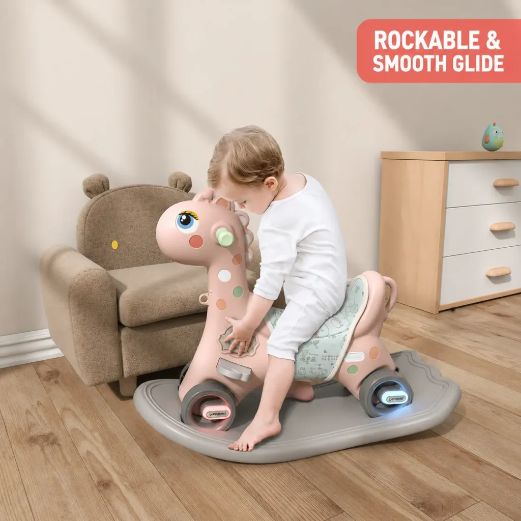 Eco-friendly modular kids rocker verified by EN71 Test Report requirements featuring non-slip wheels and a smooth handrail.