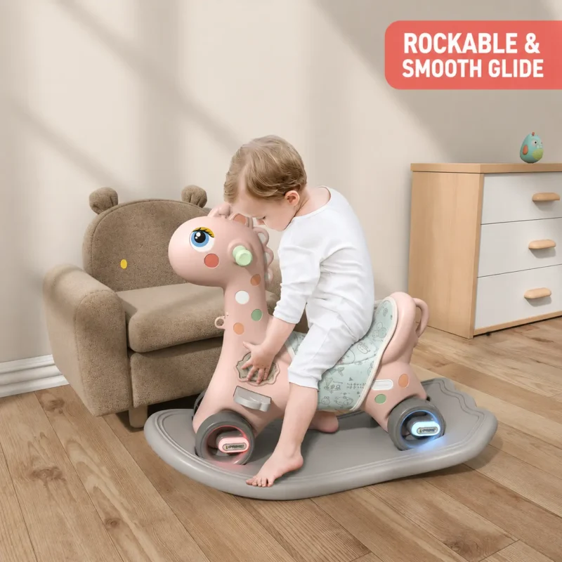 Eco-friendly modular kids rocker verified by EN71 Test Report requirements featuring non-slip wheels and a smooth handrail.