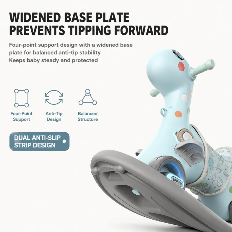 Heavy duty preschool rocking toy framework from China factory showcasing a widened anti-topple base plate structure.