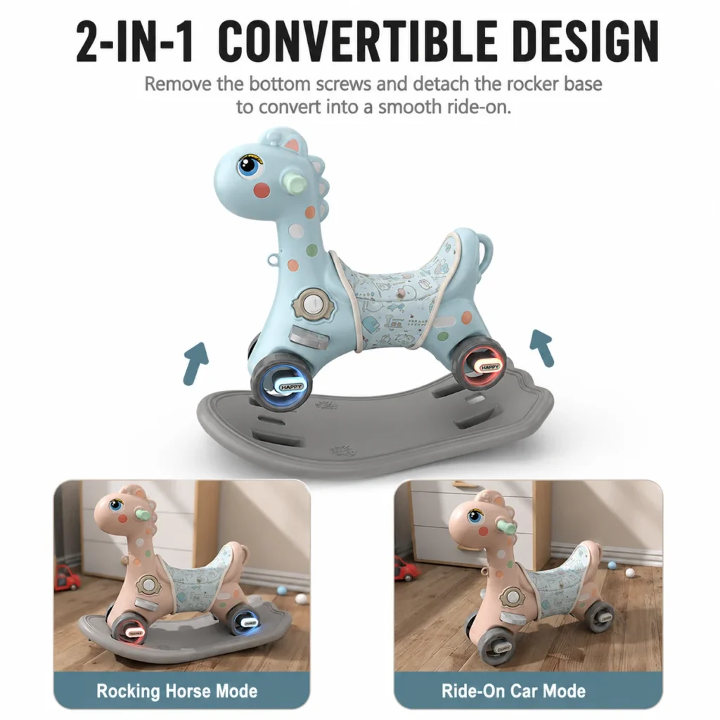 Custom 2-in-1 children rocking horse showing a detachable base structure that easily converts from a riding car to a rocker.