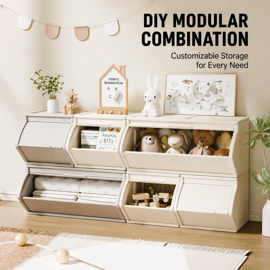Minimalist kids sliding door storage chest compliant with CPC Certificate requirements for daycare and preschool classrooms.
