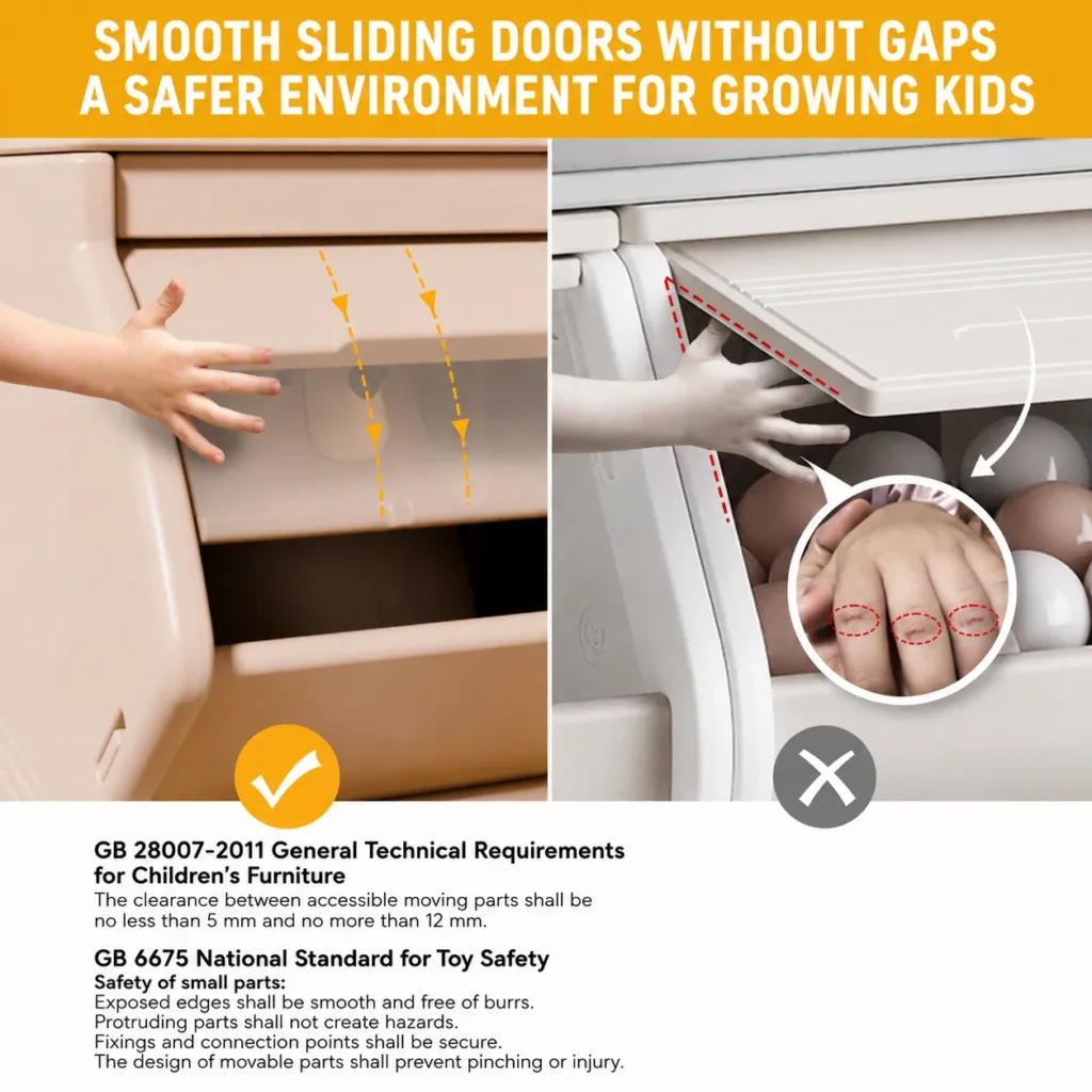 Safe toddler furniture verified by CE Certificate requirements showcasing an anti-pinch sliding door design to prevent injury.