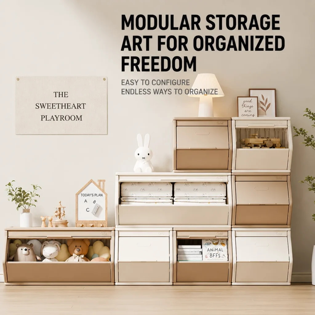 Modular design children storage cabinet verified by EN71 Test Report from wholesale children furniture manufacturer from China.