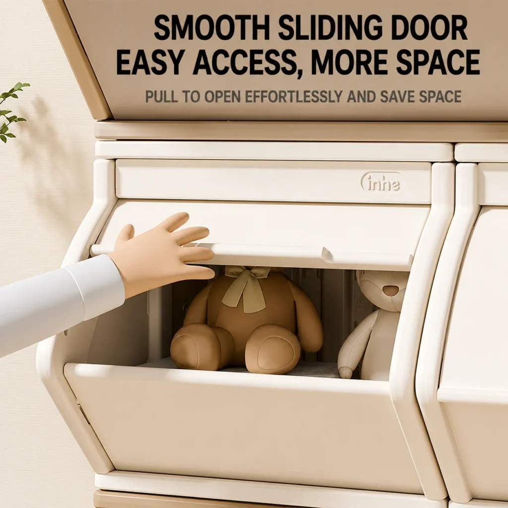 Smartly divided toddler toy storage cabinets featuring a smooth sliding door mechanism for effortless access and space saving.