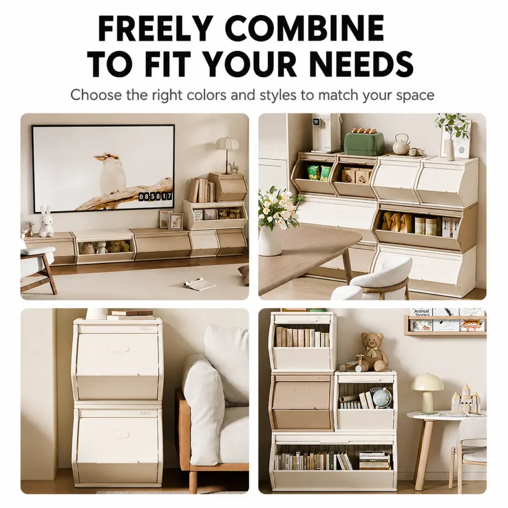 Custom eco-friendly kids storage racks with ASTM+CCPIA Testing Report featuring a flexible modular design for playroom spaces.