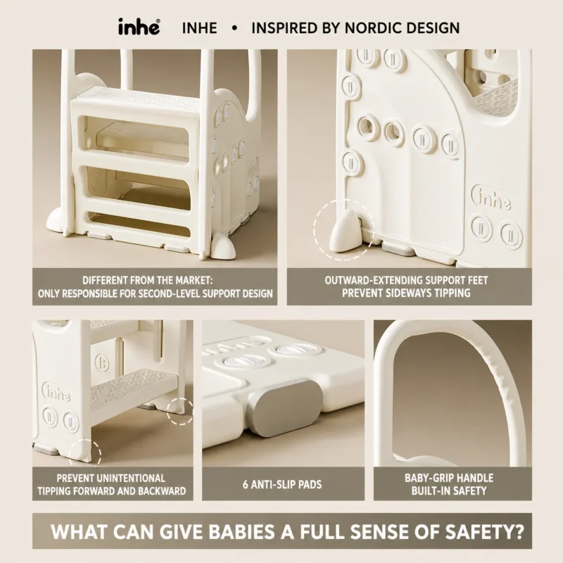 Anti-tipping toddler helper stool featuring outward-extending support feet, 6 anti-slip pads, and non-slip step textures for maximum child safety.