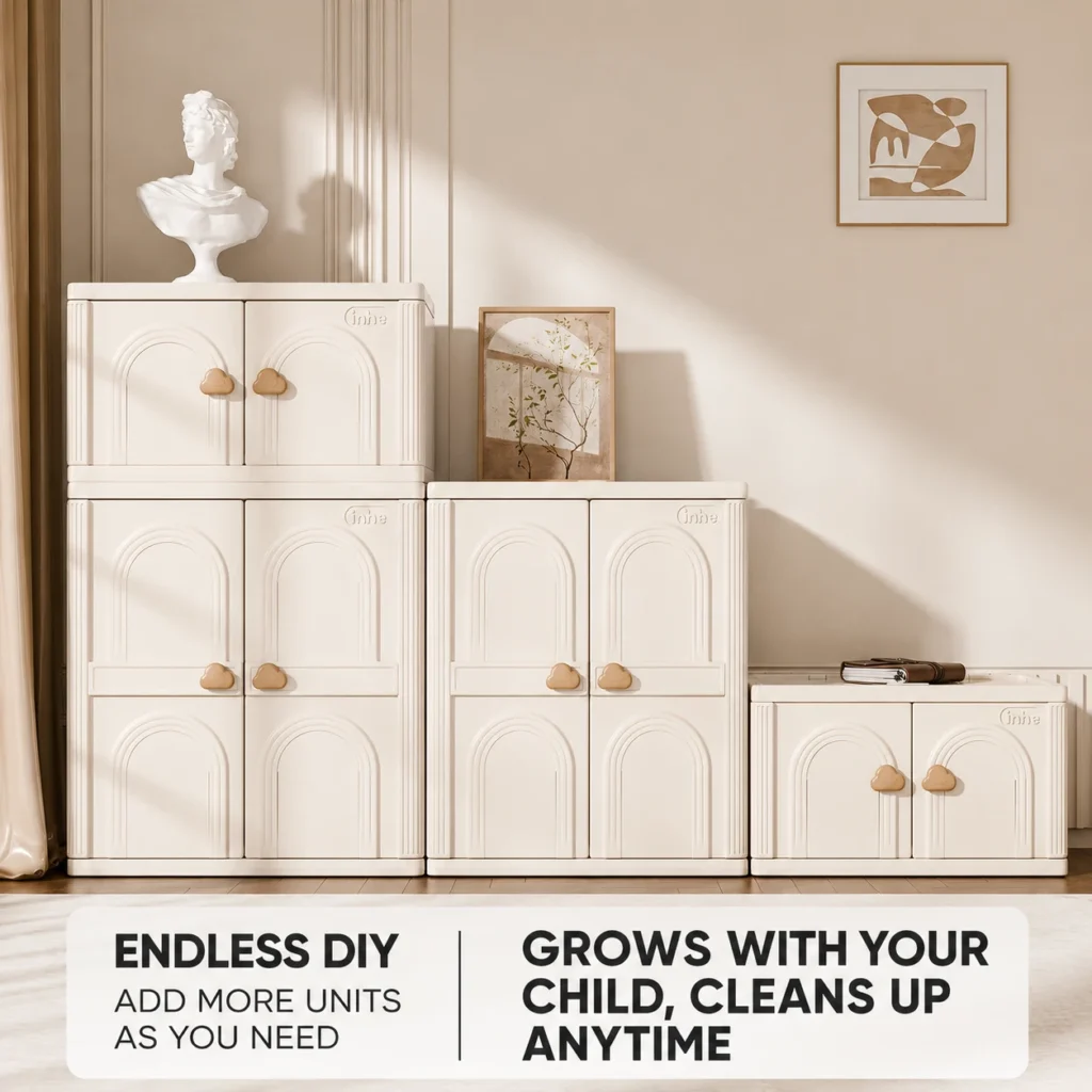 Minimalist kids athena arch series storage cabinet verified by CE Certificate requirements highlighting a DIY stackable design for playroom spaces.