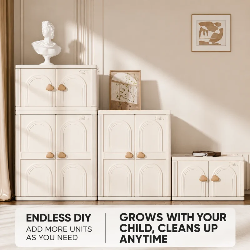 Minimalist kids athena arch series storage cabinet verified by CE Certificate requirements highlighting a DIY stackable design for playroom spaces.