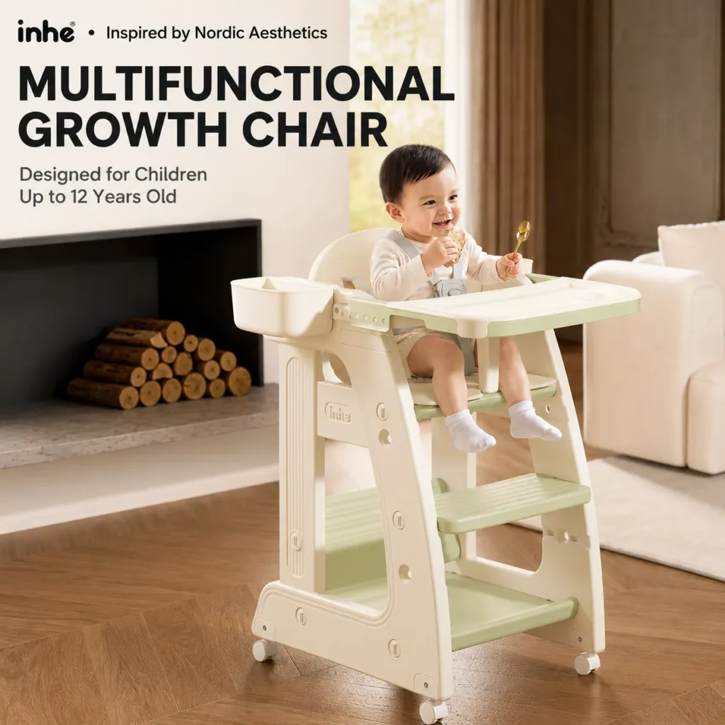Minimalist kids athena series growth chair compliant with CPC Certificate requirements showing an adjustable height framework.