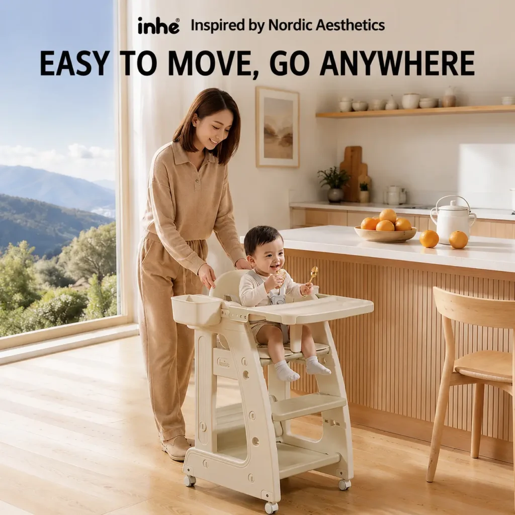 Premium mobile baby booster seat certified by CE Certificate guidelines featuring silent universal wheels with independent brakes.