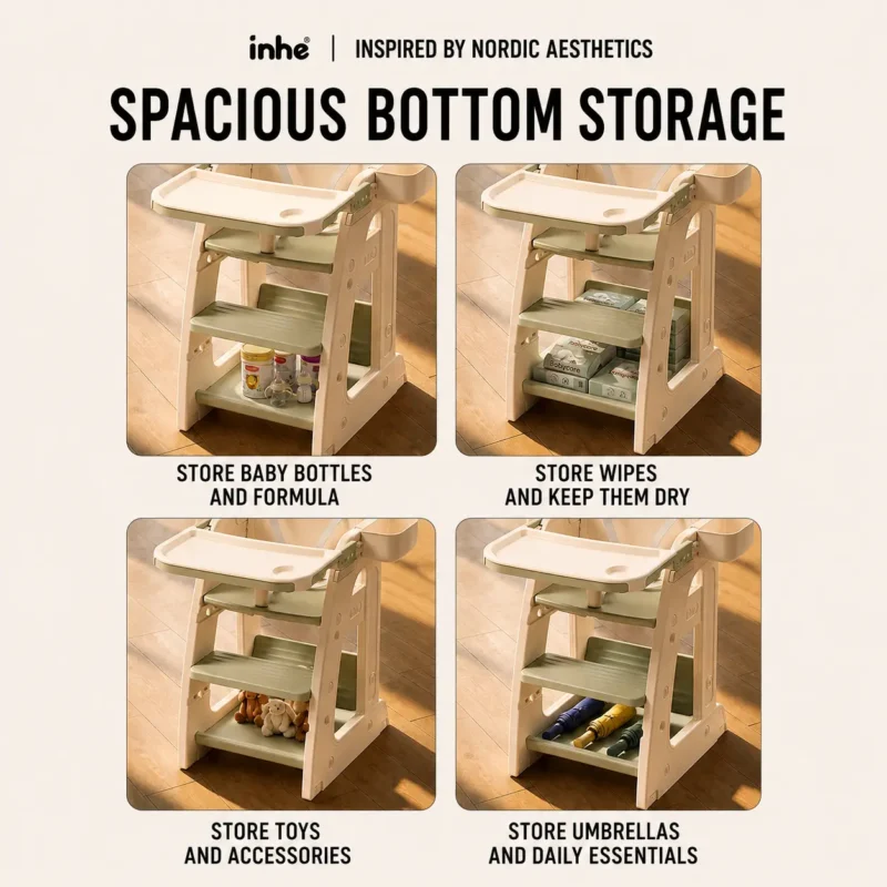 Smartly divided children storage chair system displaying integrated open modular shelves and large under-seat tray configurations.