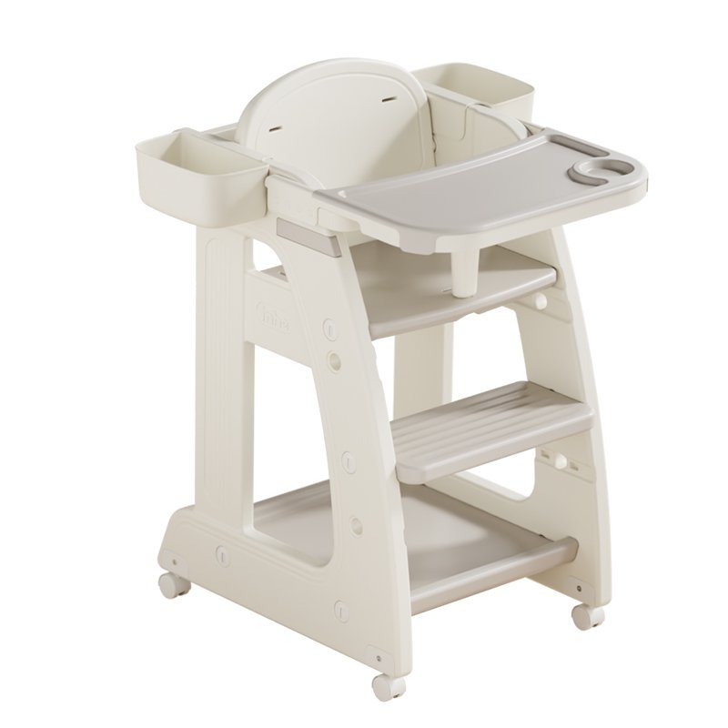 Custom toddler high chair with wheels showing an adjustable food tray layout and dual side storage cups for nursery feeding.