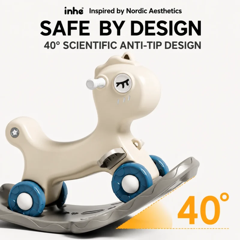 Ergonomic plastic rocking horse exhibiting a scientific 40-degree anti-tip engineering design to prevent rollover during active play.
