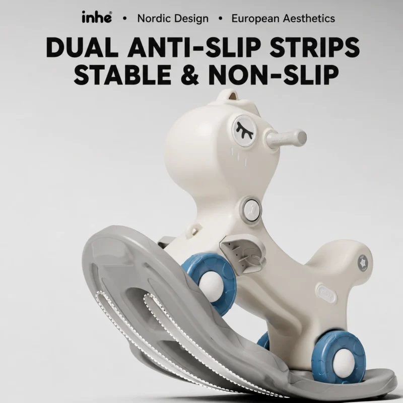 Heavy duty preschool rocking toy framework from China supplier showcasing dual anti-slip rubber strips on the wide curved base.