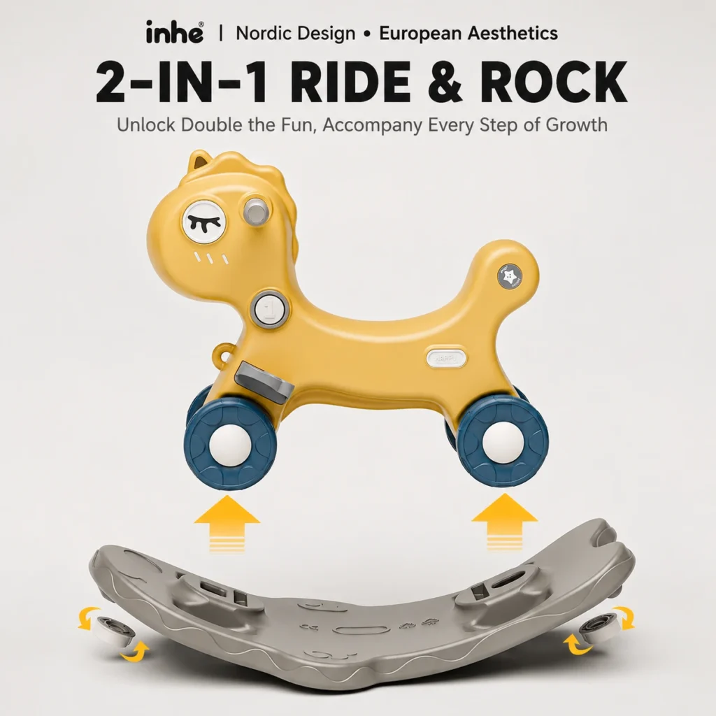 Custom 2-in-1 children rocking horse showing a detachable base structure that seamlessly converts from a riding toy to a rocker.