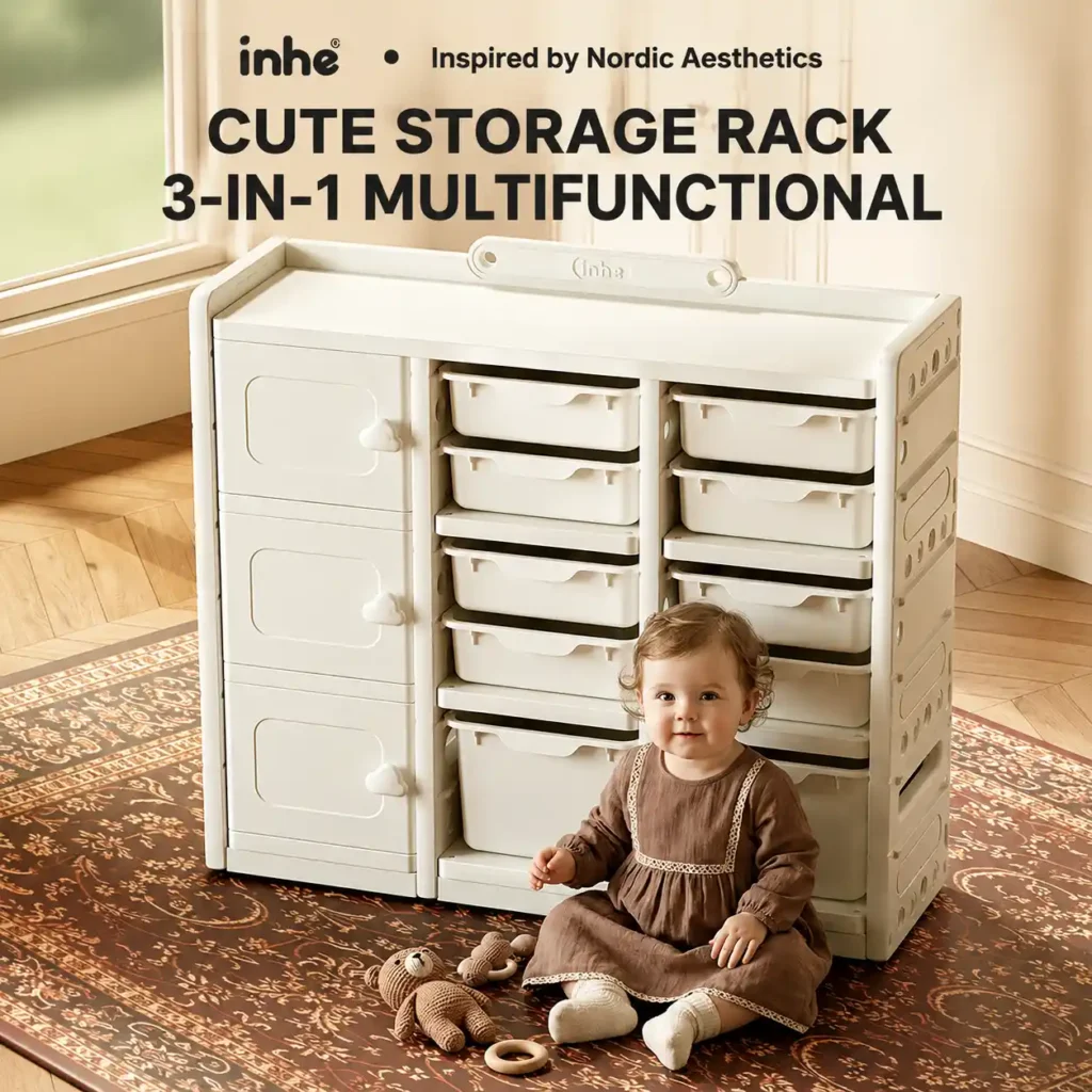 Minimalist kids multi-functional combined bookshelf and nursery storage cabinet unit compliant with CPC Certificate requirements from China manufacturer.