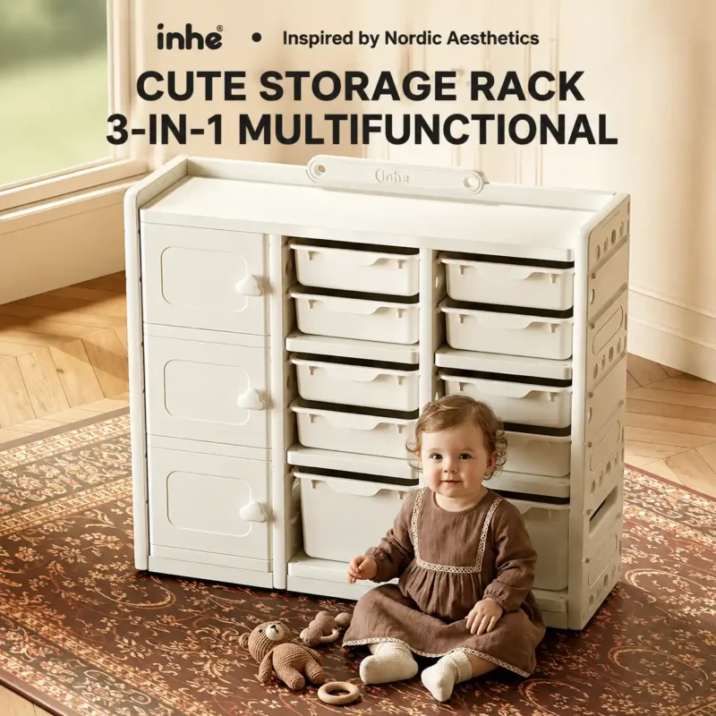 Minimalist kids multi-functional combined bookshelf and nursery storage cabinet unit compliant with CPC Certificate requirements from China manufacturer.