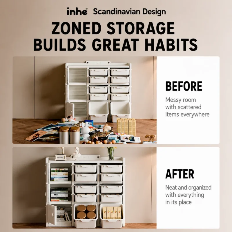 Custom eco-friendly kids storage racks showcasing a secure floor-level dust guard base to keep out dirt and ensure extra stability.