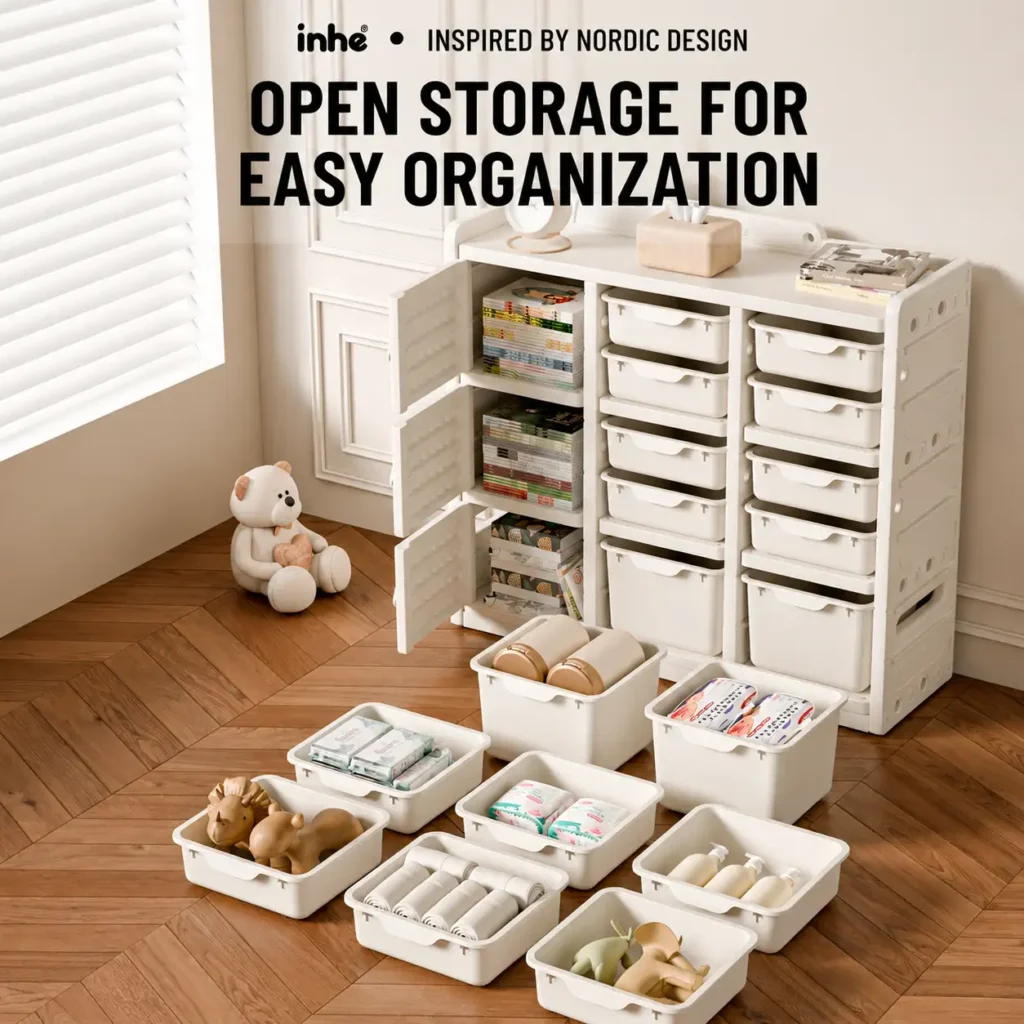 ISO9001 certified kids toy storage organizer showing a versatile layout with zoned cabinets and drawers for nursery schools.