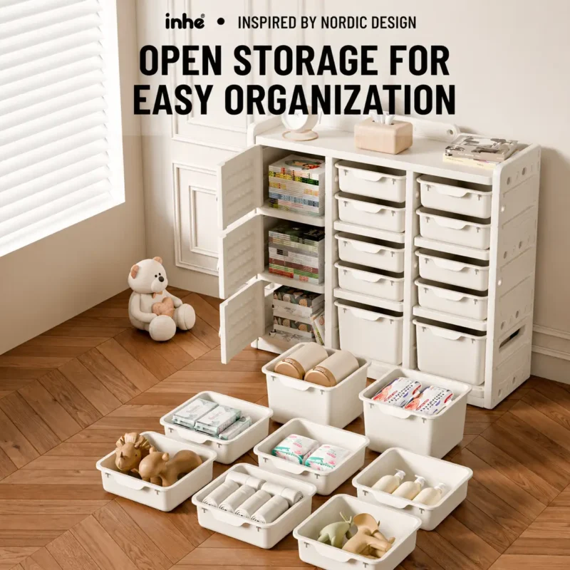 ISO9001 certified kids toy storage organizer showing a versatile layout with zoned cabinets and drawers for nursery schools.