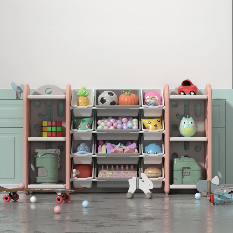 Minimalist kids plastic toy organizer compliant with CPC Certificate requirements for nursery schools and daycare spaces.