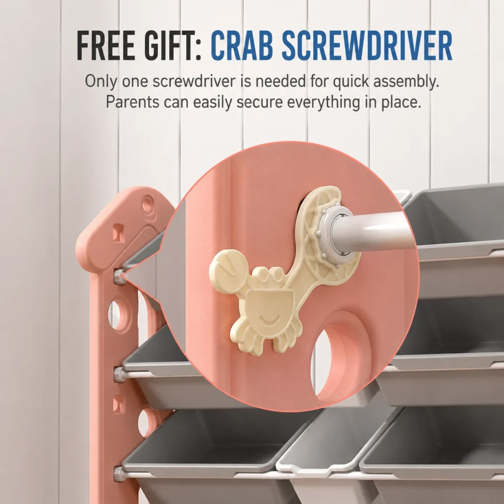 Modular design children storage cabinet from China factory featuring a tool-free quick assembly system with smooth connections.