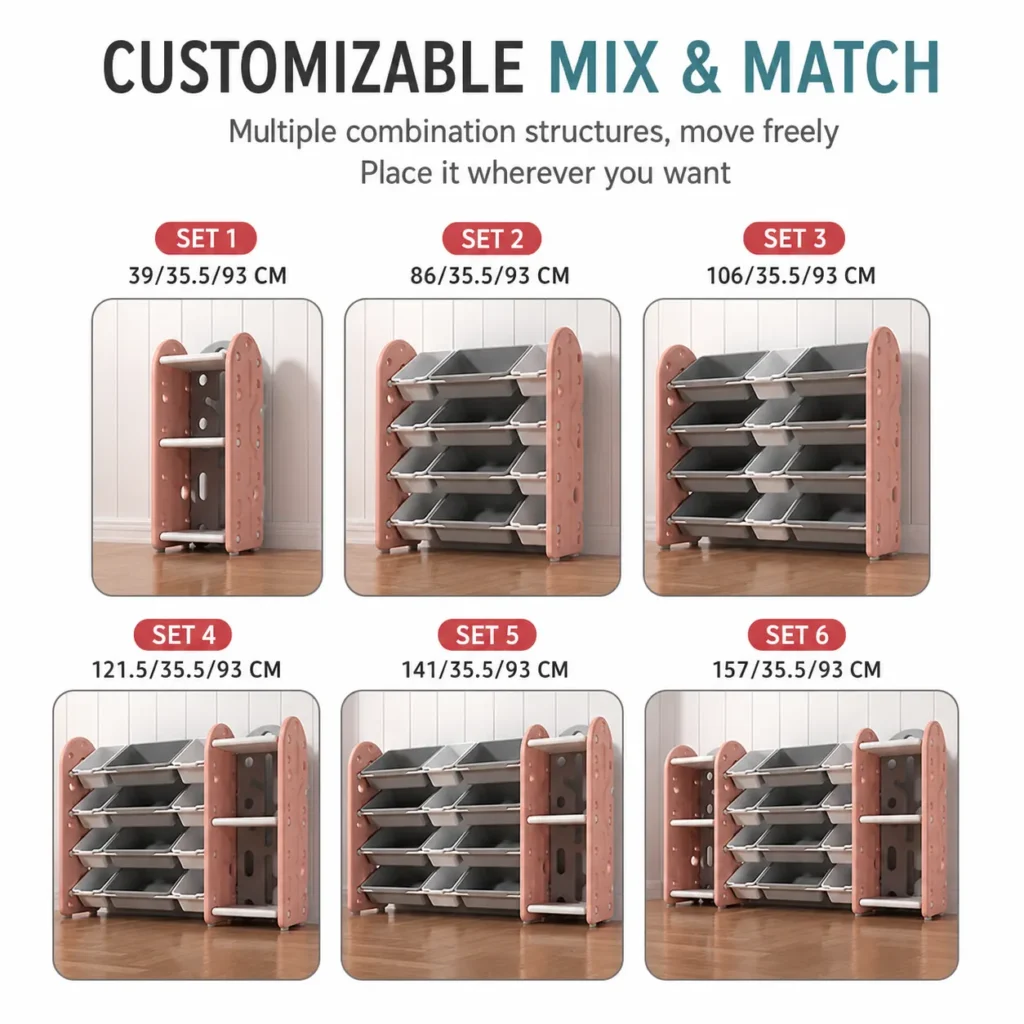 Custom eco-friendly kids storage racks with ASTM+CCPIA Testing Report showing flexible modular setups and multiple combinations.