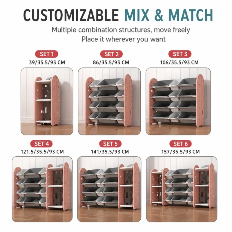 Custom eco-friendly kids storage racks with ASTM+CCPIA Testing Report showing flexible modular setups and multiple combinations.