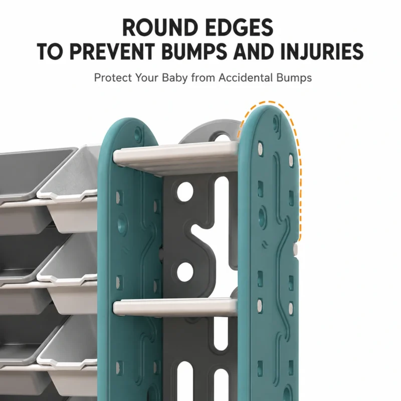 Smartly divided toddler toy storage cabinets featuring smooth rounded edges and non-slip plastic panels to prevent injuries.
