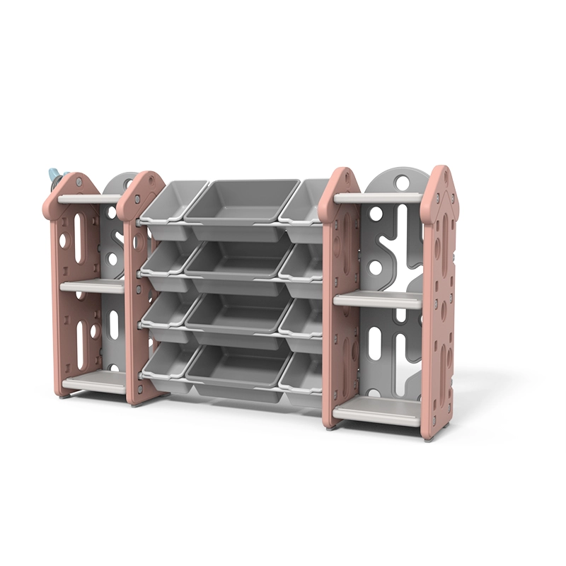 High capacity preschool storage shelves featuring a modular layout with plastic open bins and side shelving units for toys.
