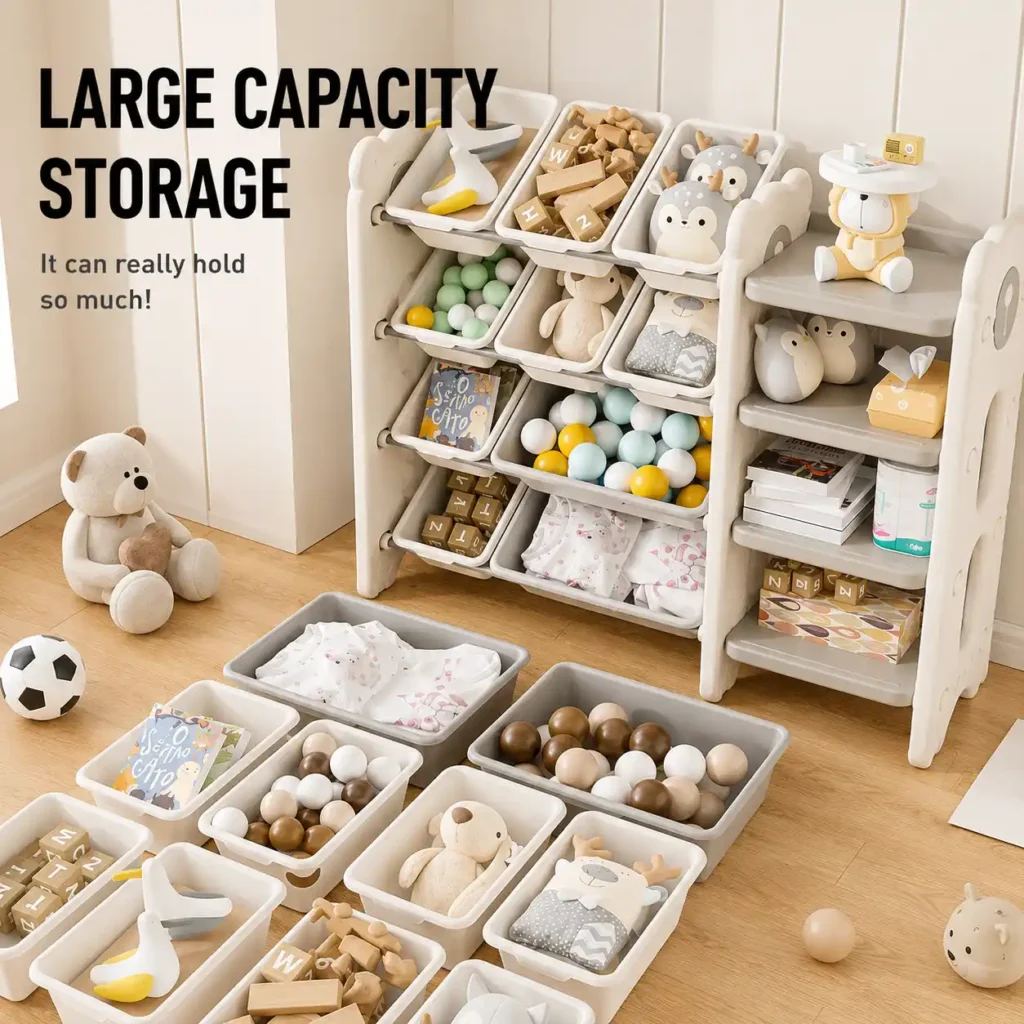 Smartly divided toddler toy storage cabinets showcasing an extra large capacity modular layout with removable plastic bins.