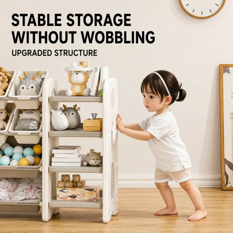 Custom eco-friendly kids storage racks with ASTM+CCPIA Testing Report highlighting an anti-topple structural upgrade with no shaking.
