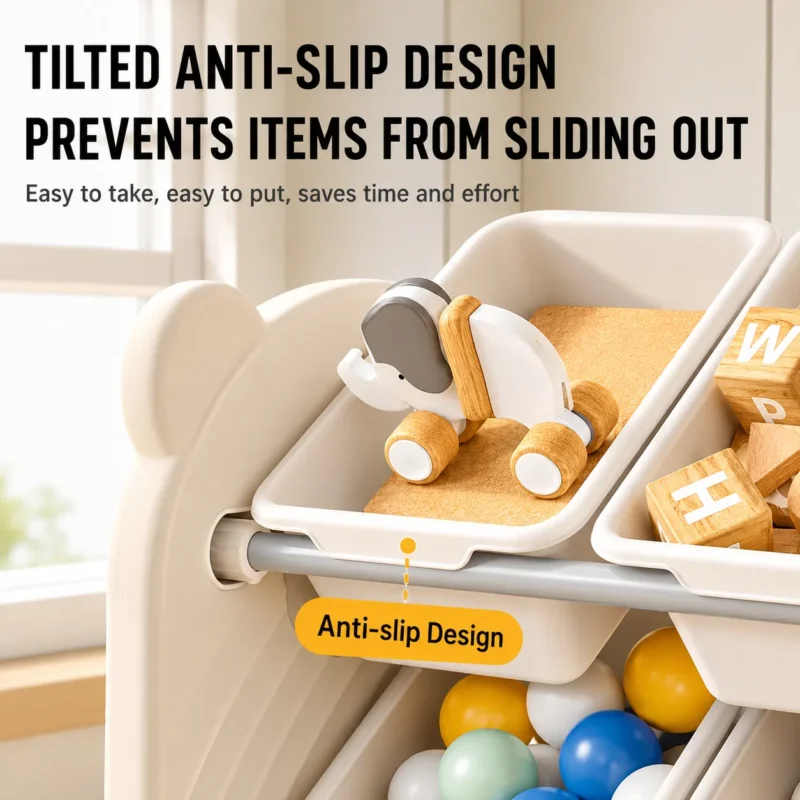 Nursery toy storage bins featuring an ergonomic tilted anti-fall angle design with non-slip slots for toddlers easy and safe access.