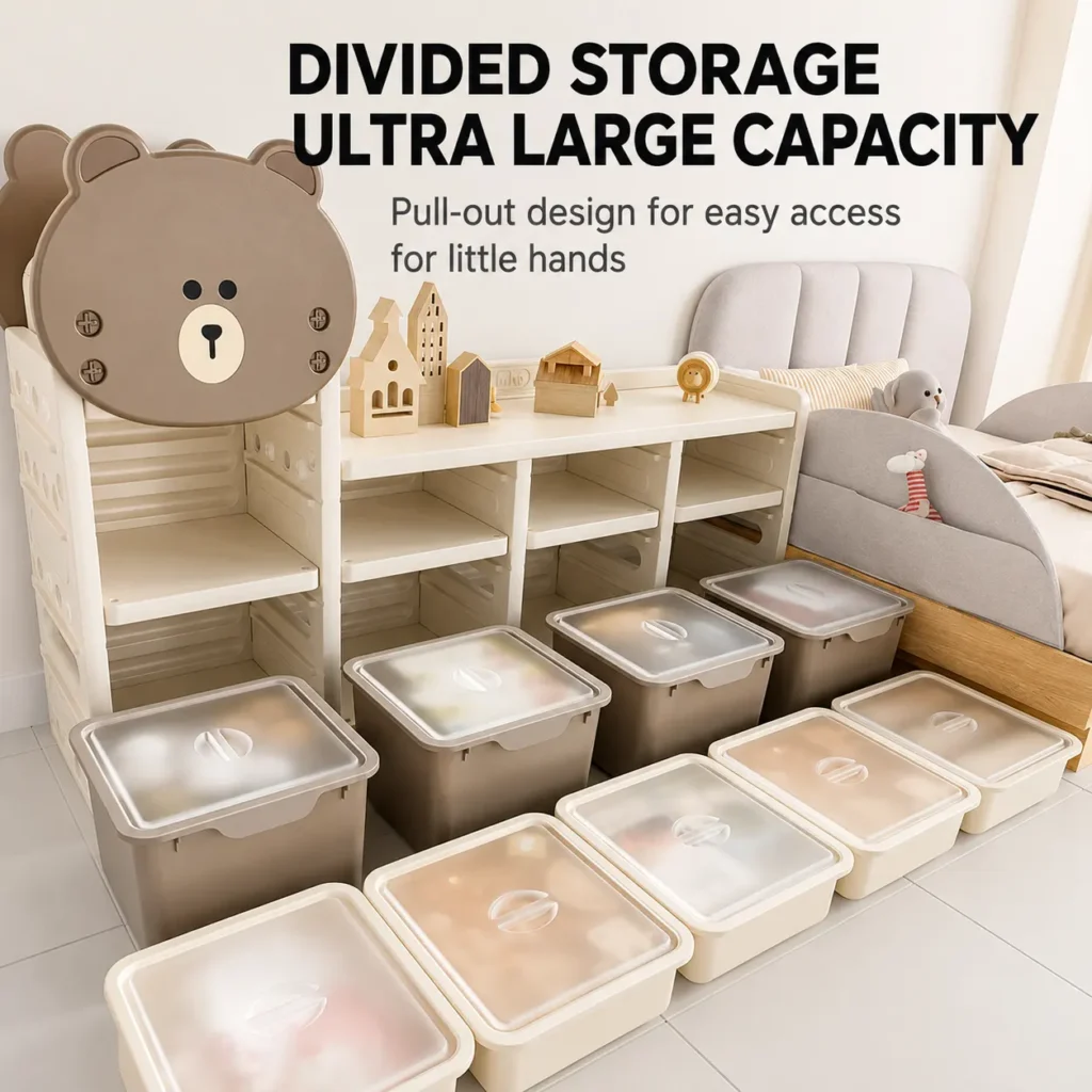 Minimalist kids bear theme storage cabinet compliant with CE Certificate requirements showcasing a multi-functional pull-out design for easy access.