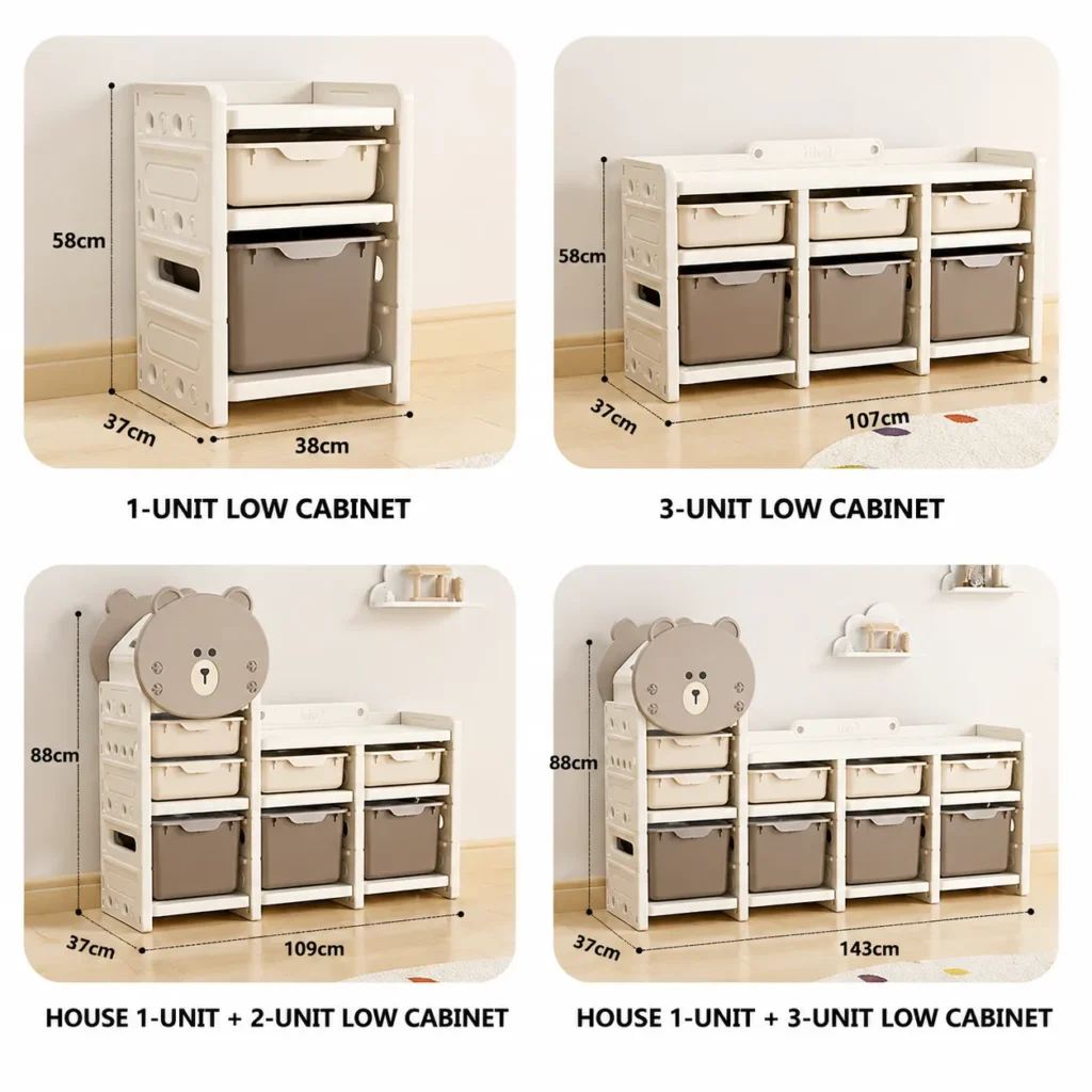 Modular design children storage cabinet wholesale from China showing detailed customizable setups and flexible sizes for nursery spaces.