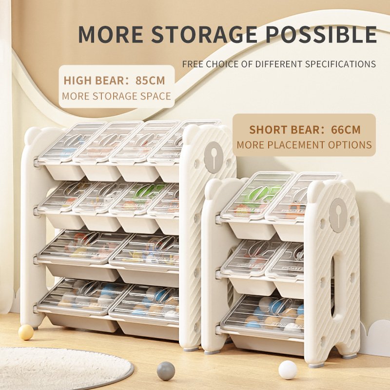 Minimalist kids bear theme toy organizer compliant with CPC Certificate requirements showing multiple adjustable height sizes.