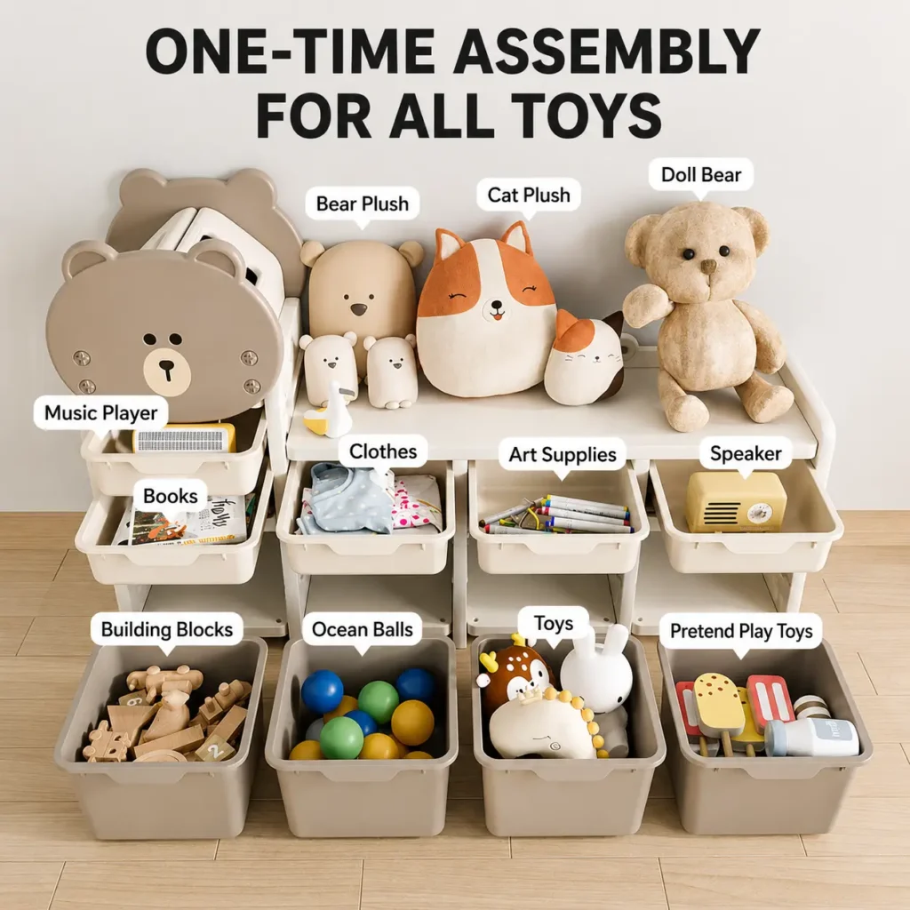 ISO9001 certified kids toy storage organizer showing multi-size storage spaces for books blocks and plush toys in one setup.