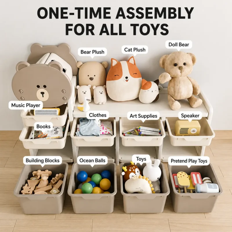 ISO9001 certified kids toy storage organizer showing multi-size storage spaces for books blocks and plush toys in one setup.