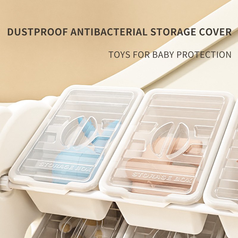 Nursery toy storage bins featuring transparent dustproof covers and clean plastic compartments for playroom organizing.