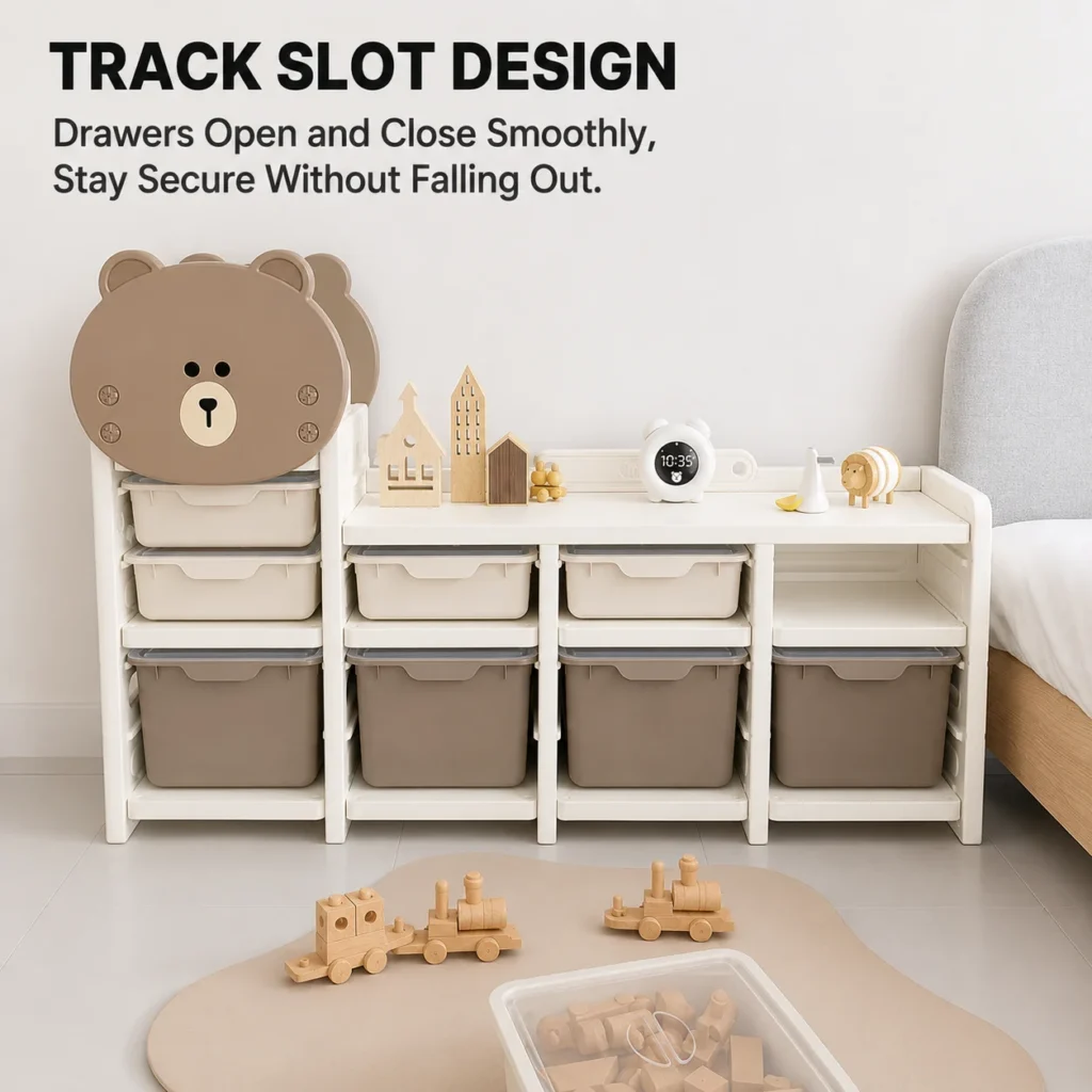 Custom eco-friendly kids storage racks showcasing a secure track slot design to keep plastic drawers smooth and safe from falling.