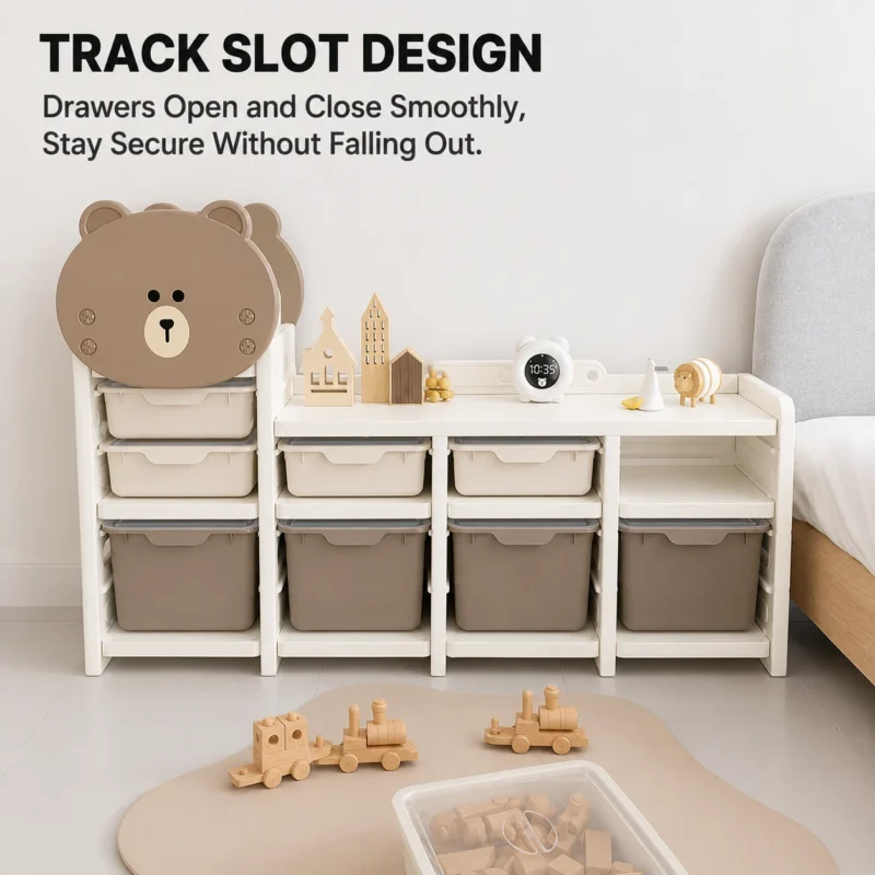 Custom eco-friendly kids storage racks showcasing a secure track slot design to keep plastic drawers smooth and safe from falling.