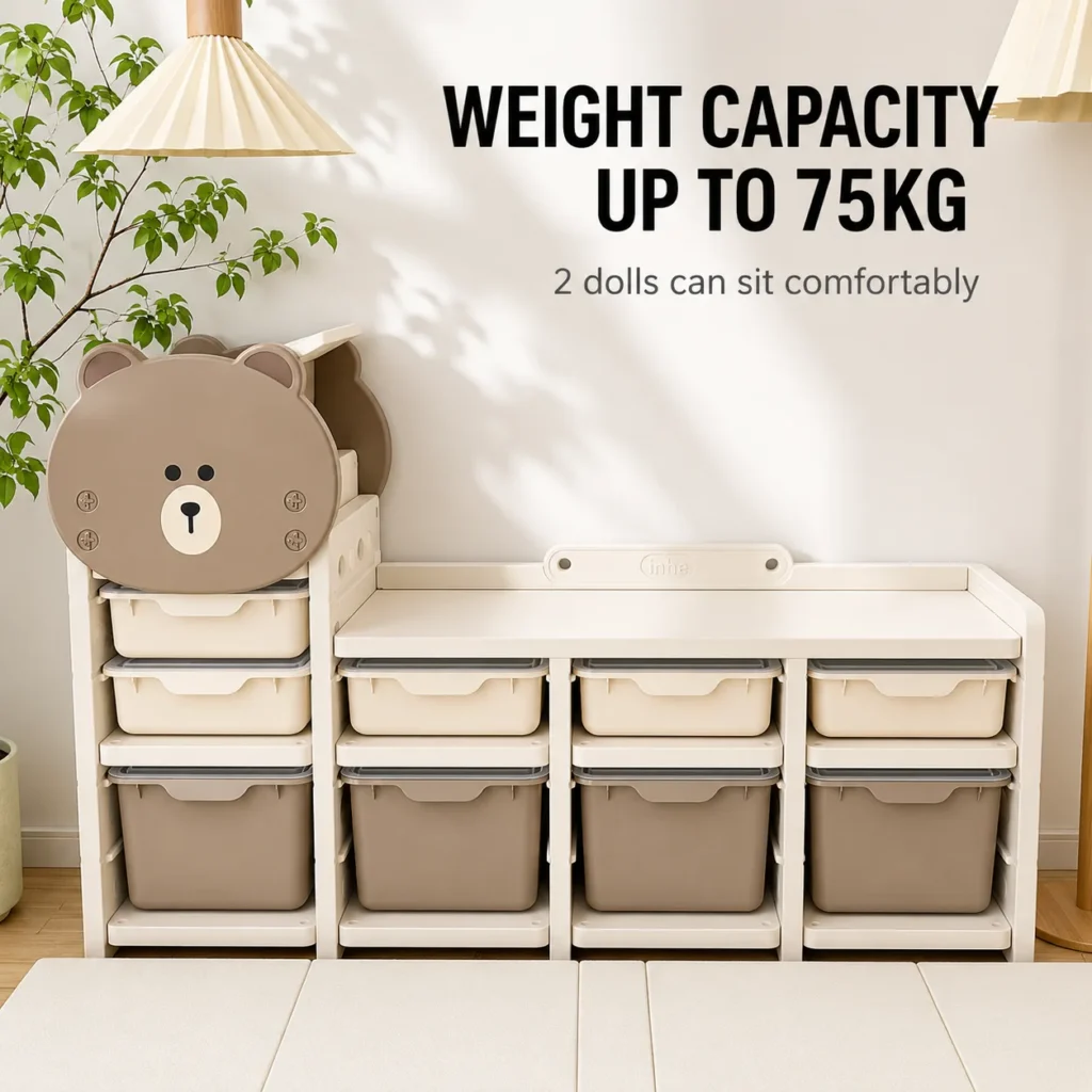 High capacity preschool storage shelves with ASTM+CCPIA Testing Report featuring a heavy duty toddler storage bench structure that holds up to 75kg.