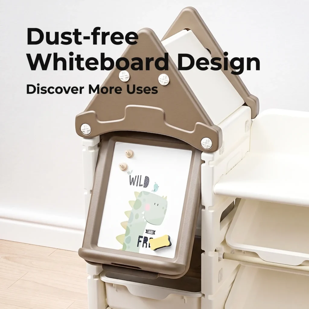 Custom eco-friendly kids storage racks verified by PE Testing Report featuring an integrated dust-free magnetic drawing board.