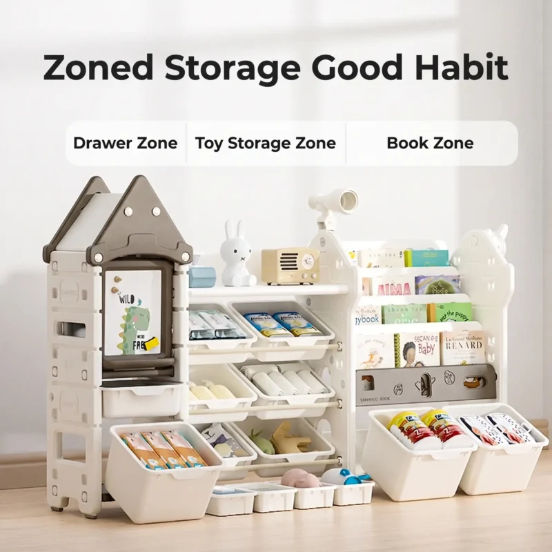 Modular design children storage cabinet wholesale from China featuring a 3-in-1 layout with clear drawers and toy storage zones.