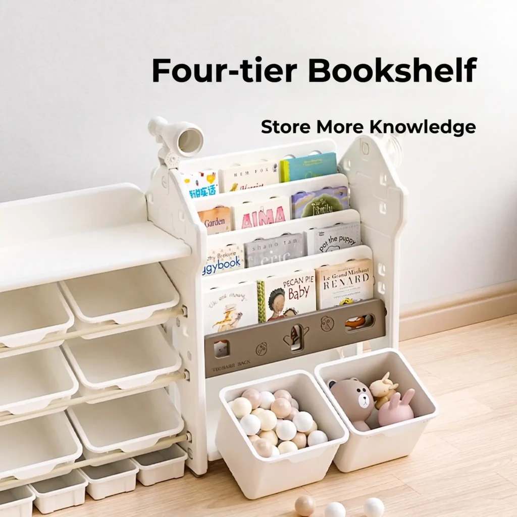High capacity preschool bookcases verified by PP Testing Report featuring a four-tier children bookshelf with open bins underneath.