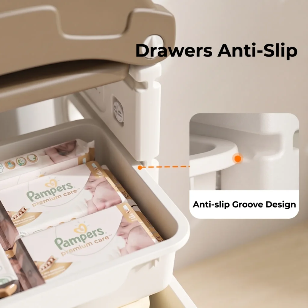 Smartly divided toddler toy storage cabinets featuring a smooth built-in anti-slip groove design to prevent plastic bins from dropping.