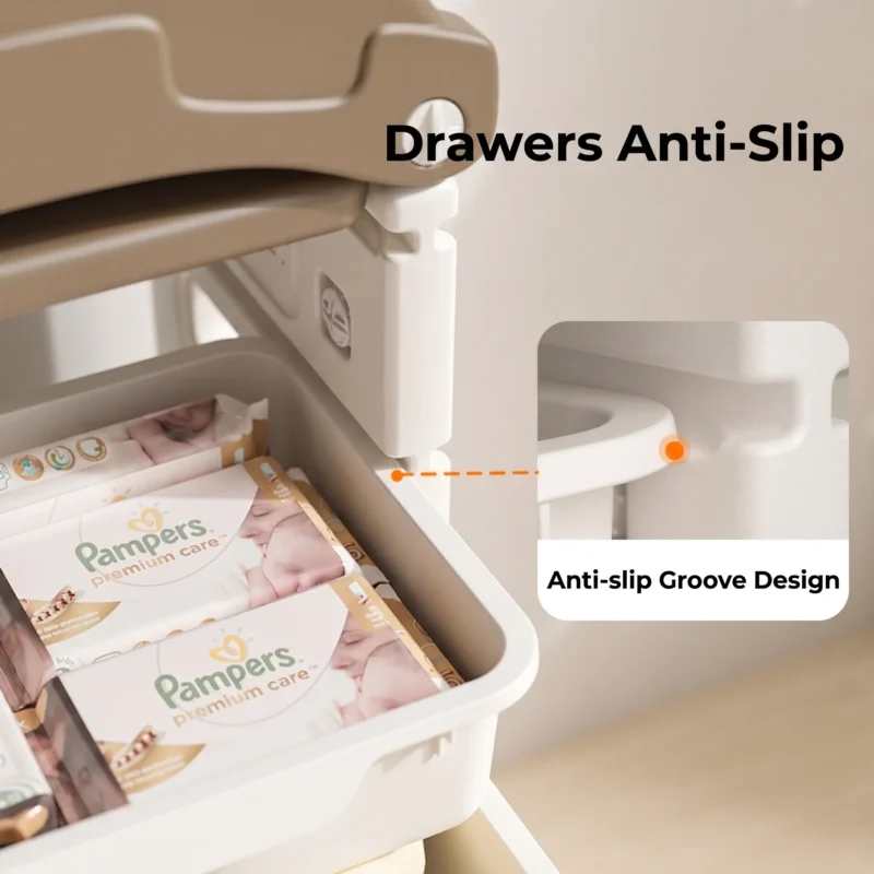 Smartly divided toddler toy storage cabinets featuring a smooth built-in anti-slip groove design to prevent plastic bins from dropping.