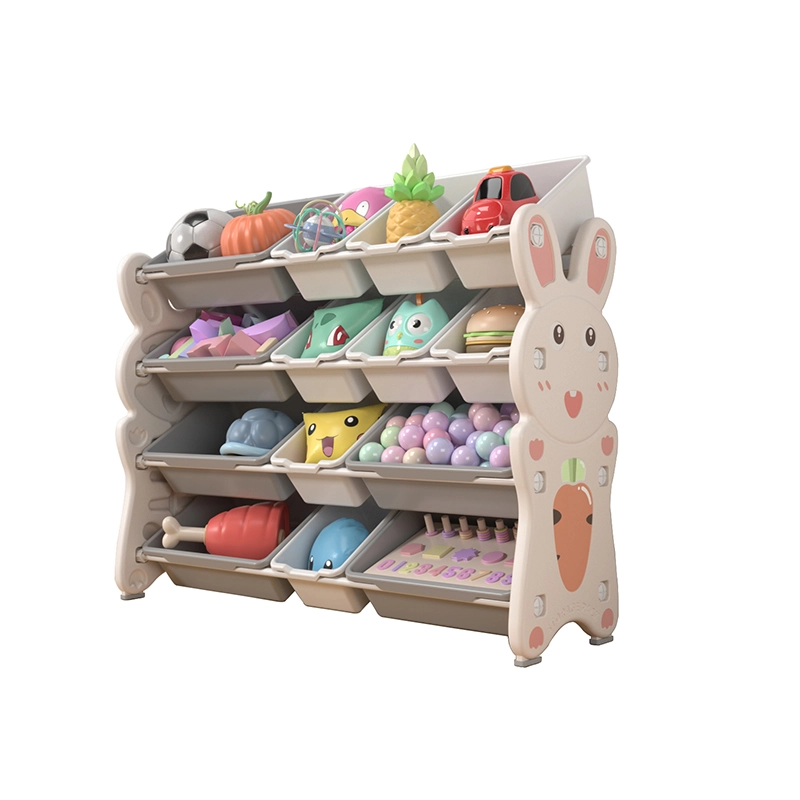 ISO9001 certified kids plastic toy organizer featuring a modular layout with large capacity open bins for playroom organization.